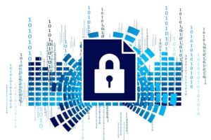 Dokument mit digitalem Schloss und binärem Code im Hintergrund - Sicherheitskonzepte in der Datenverarbeitung