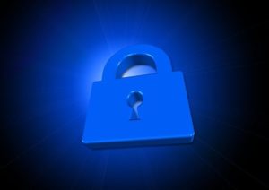 Blaues Datenschutz-Schloss-Symbol auf schwarzem Hintergrund für personenbezogene Daten