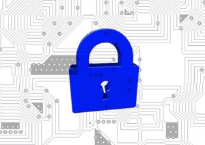 Blaues Datenschutz-Schloss-Icon vor weißem Hintergrund